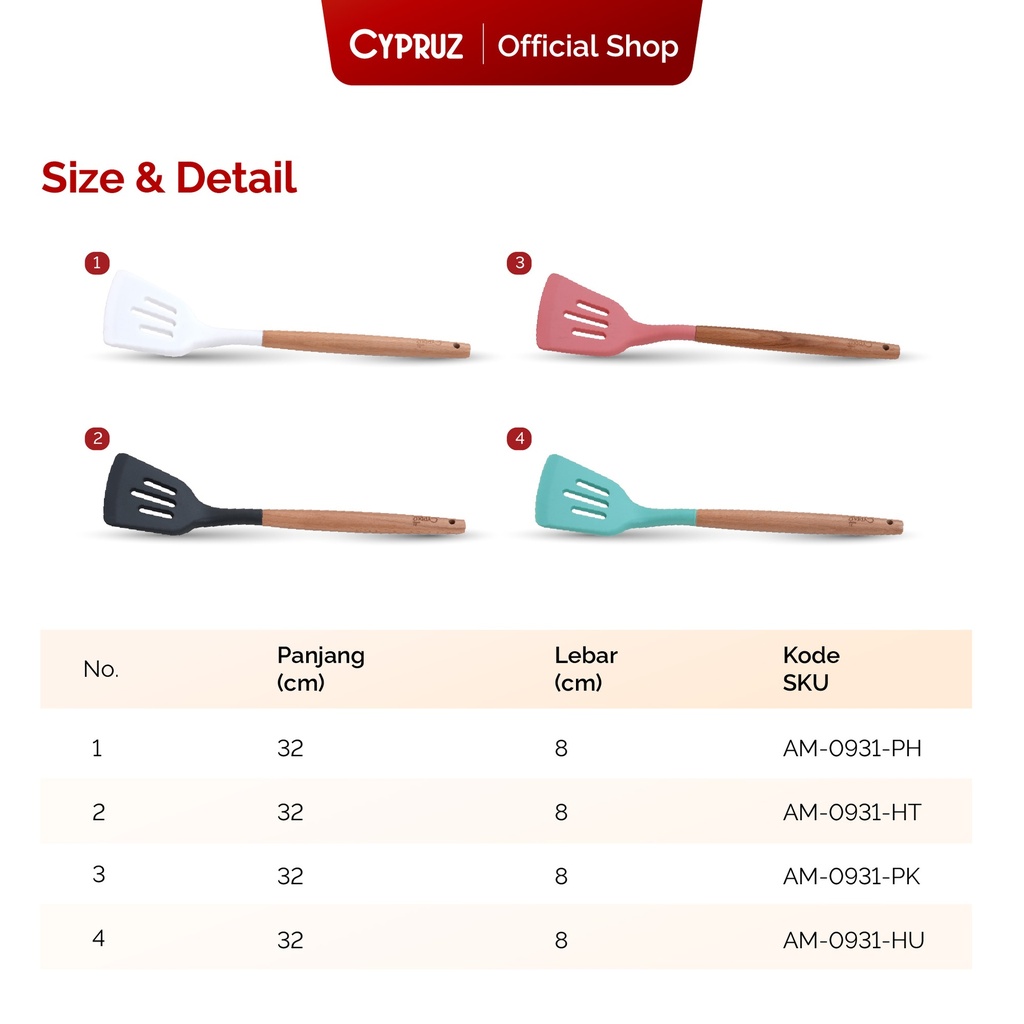 Cypruz Utensil Gagang Kayu Kepala Silicone Slotted Turner
