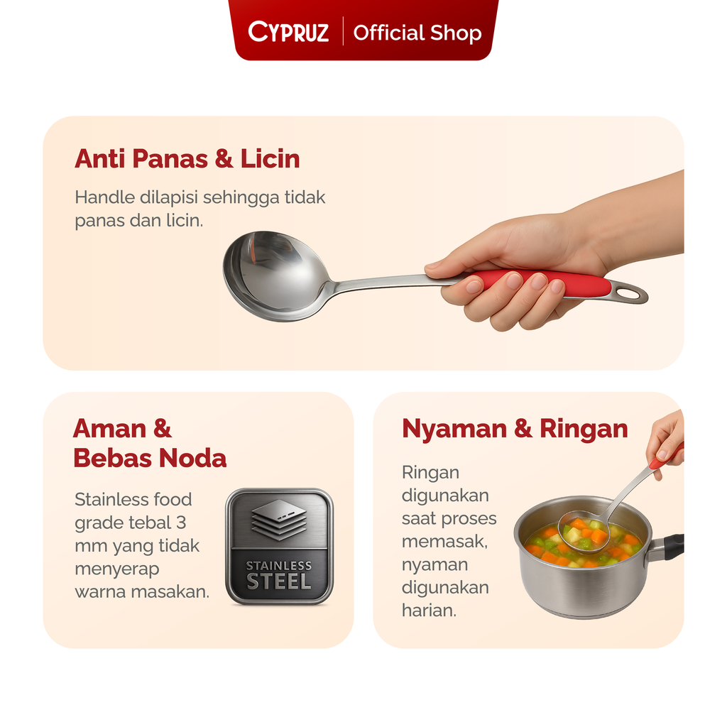 Cypruz Utensil Red Handle Series Ladle Full