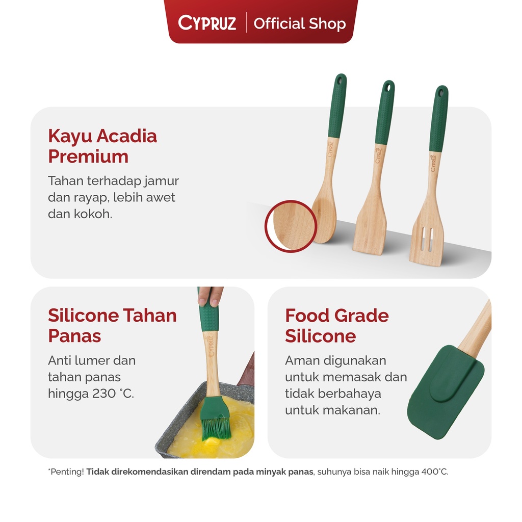 Cypruz Wood Utensil Series Gagang Silicone Spatula (HIJAU) 96X1