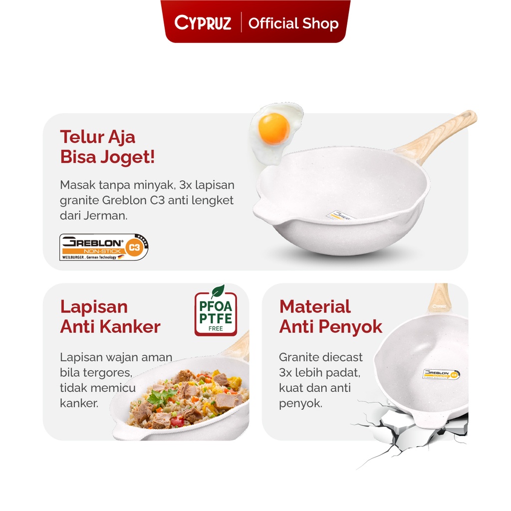 Cypruz WHITE Die Cast Granite Fry Wok 24cm