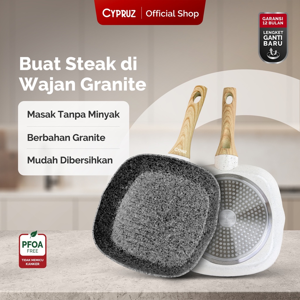 White Granite Series Gagang Coklat Kayu Grill Pan